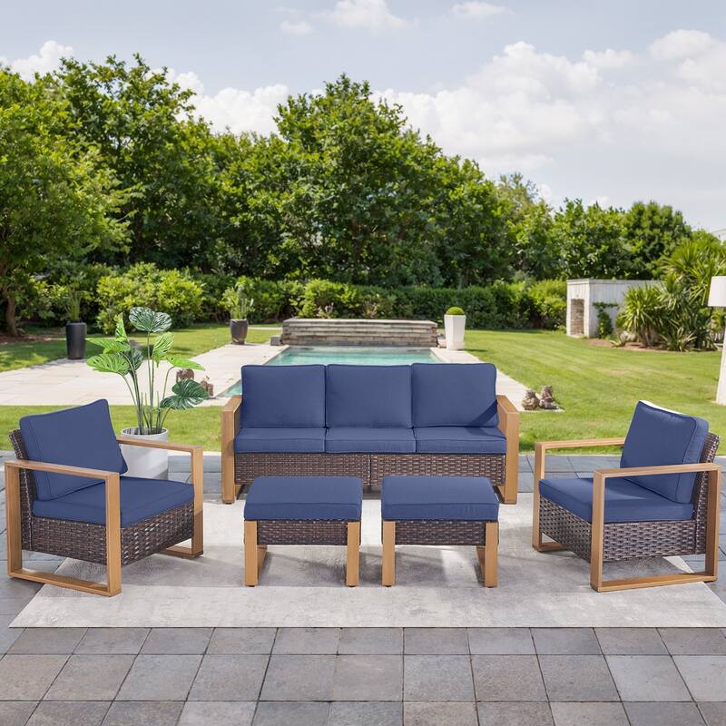 Gymojoy Outdoor Wicker Patio Furniture Sofa Set - 5-Piece Sofa Set - Club Chairs & Ottomans - Brown Wicker / Blue Cusion