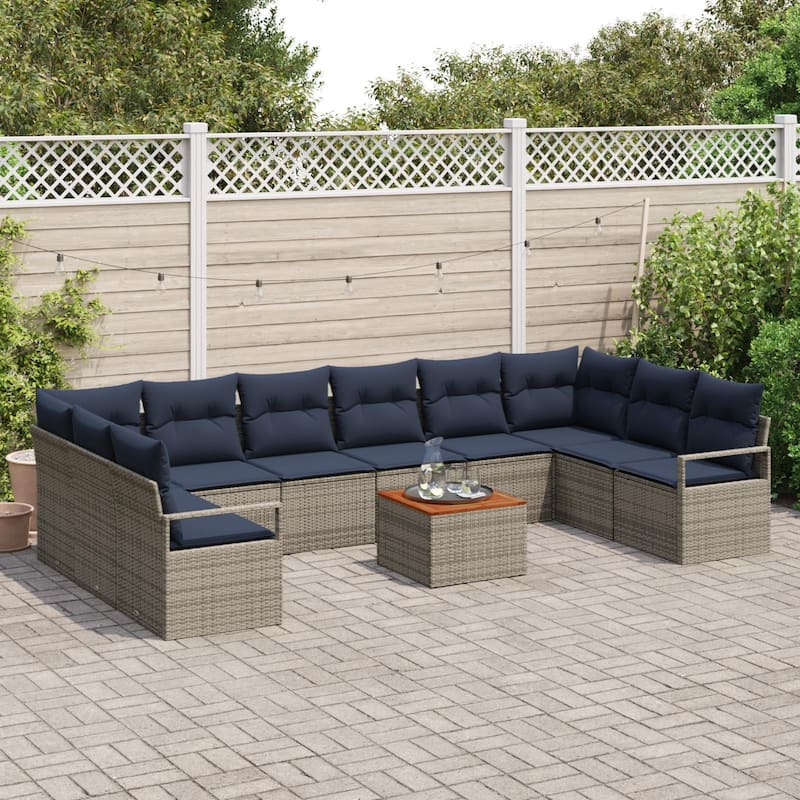 vidaXL 11 Outdoor Sofa Set with Cushions Black/Grey Poly Rattan - 135.4 x 69.7 x 27.2