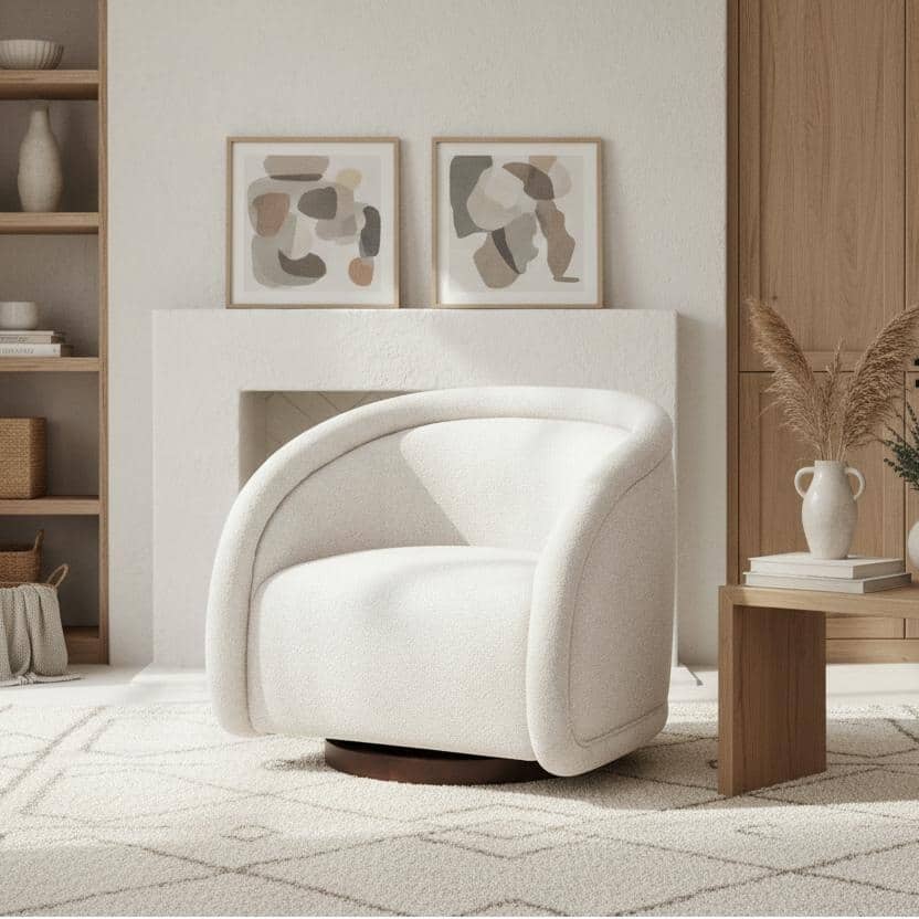 Christopher Knight Home - Boucle Upholstered 360° Swivel Accent Chair, Walnut-Finished Solid Wood Base & Ergonomic Curved Back