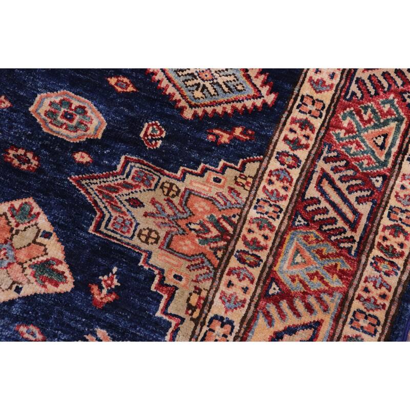 Caucasian Super Kazak Calliope Blue/Gold Hand Knotted Wool Rug - 4'1'' x 5'9''