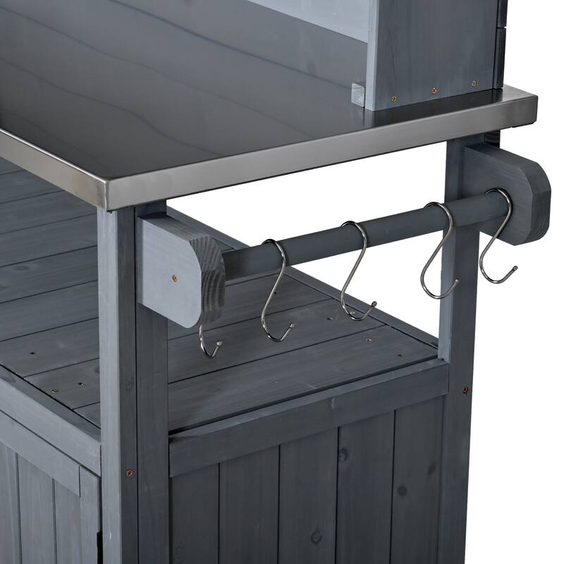 65" Outdoor Potting Bench with Stainless Steel Top, Rolling Garden Workstation with Hutch & Storage