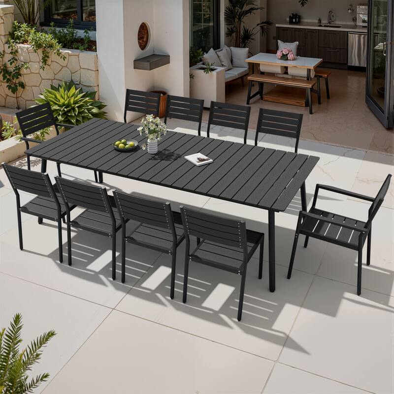 11-Piece Outdoor Patio Dining Set Wood-Like Table Top Alumium Umbrella Hole Table with Stackable Chairs - Black