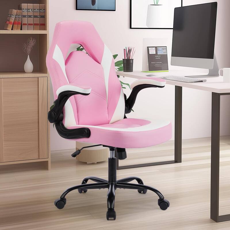 Ergonomic PU Leather Gaming Chair Adjustable Height with Flip-up Armrest for Adults, Kids - Pink