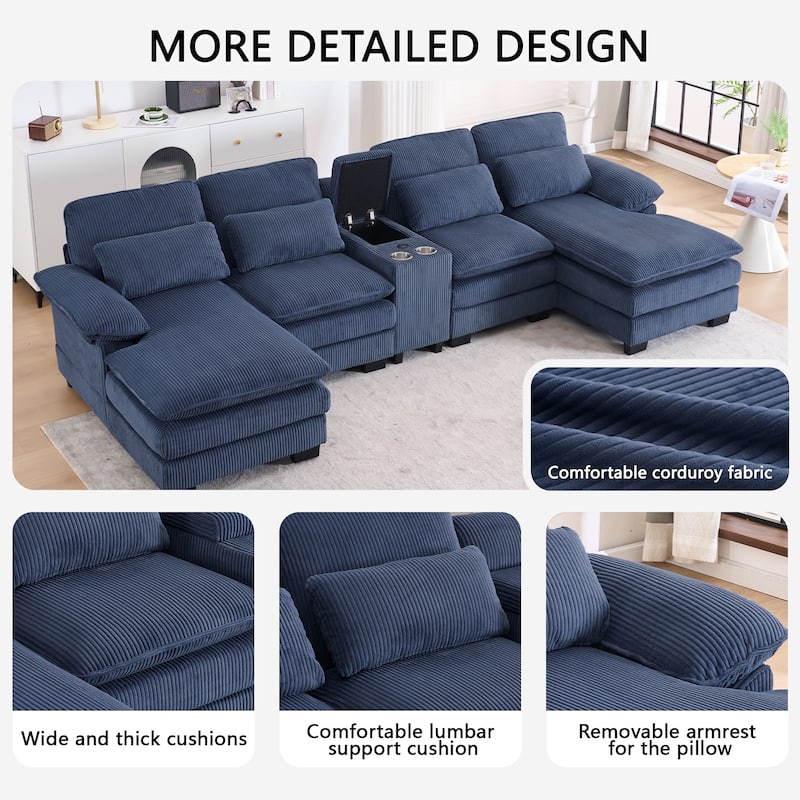 124" Modern Modular Sofa with Double Recliner and USB Port with Center Console