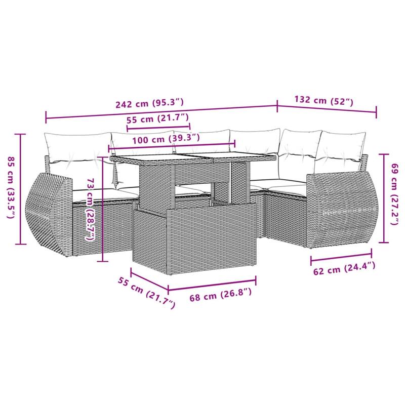 vidaXL Patio Sofa Set with Cushions Outdoor Furniture 6 Piece Poly Rattan - 21.7 x 39.4 x 28.7