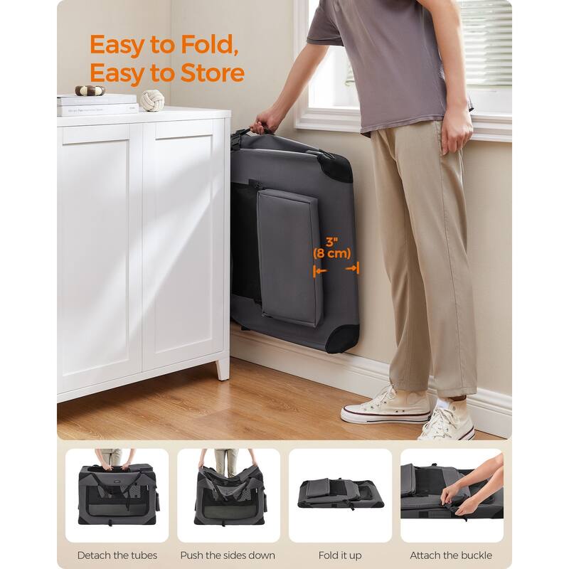 Collapsible Pet Carrier, Oxford Fabric, Mesh, Metal Frame, With Handle, Storage Pockets