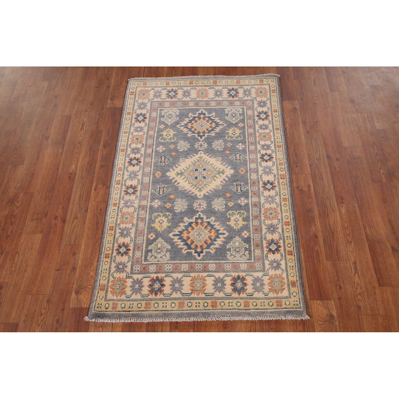 Gray Geometric Kazak Accent Rug Handmade Oriental Wool Carpet - 2'7" x 4'1"