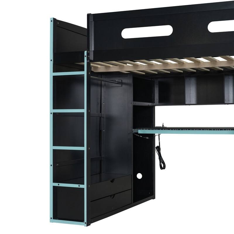 Full Size Versatile Loft Bed w/ Built-in Desk w/ Charging Station, Wood Storage Gaming Bed Frame w/ Wardrobe and Drawer