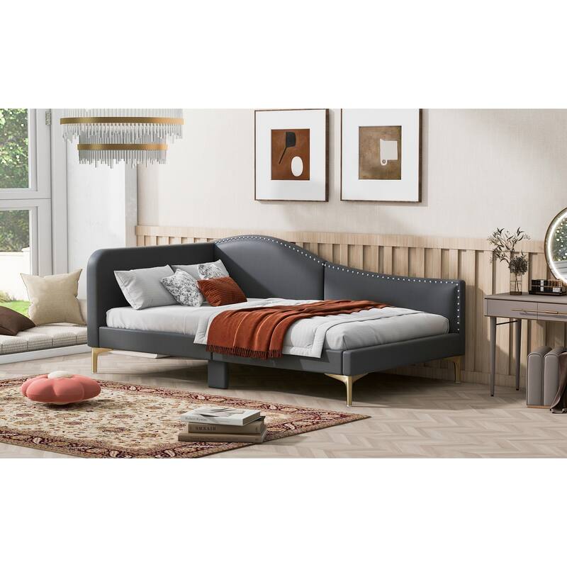 Twin Size Upholstered Daybed with Headboard, Armrest, and Support Legs in Grey