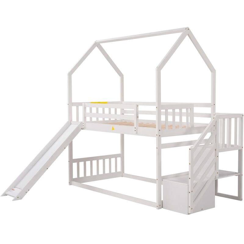 Twin House Bunk Bed with Slide and Staircase, Storage Included, Pine Wood Frame