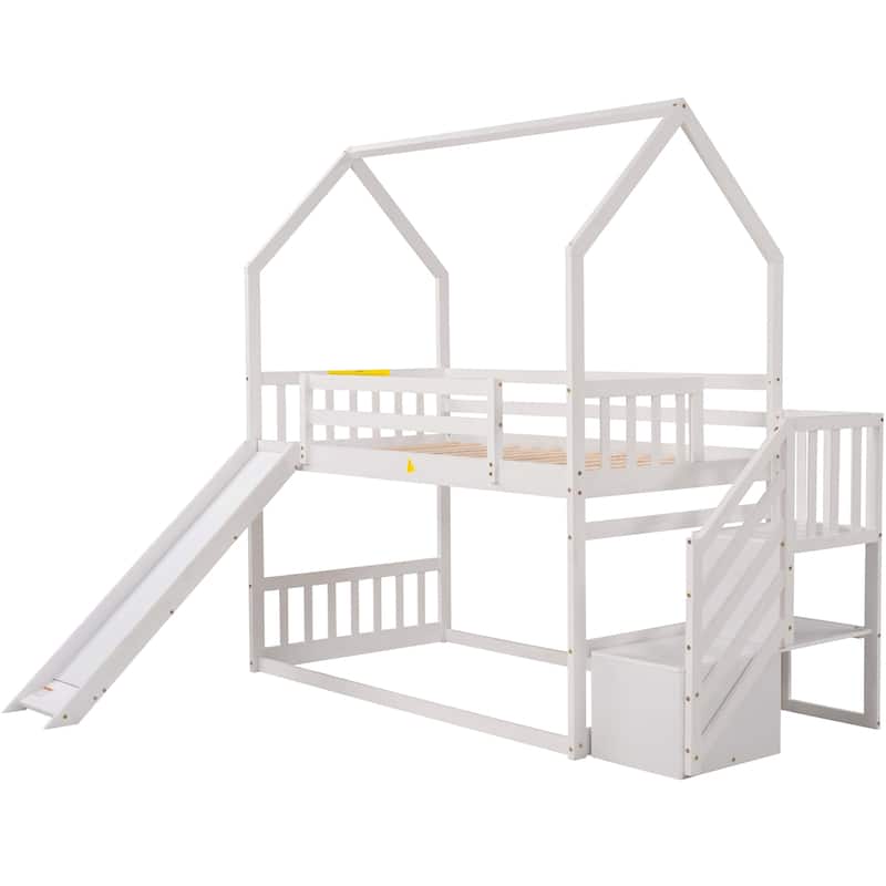 Twin Over Twin House Bunk Bed w/Convertible Slide, Storage Staircase