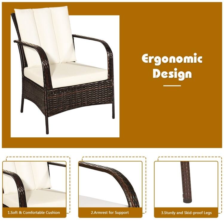 3 Pieces Patio Rattan Conversation Set with Glass Top Coffee Table and Cushions