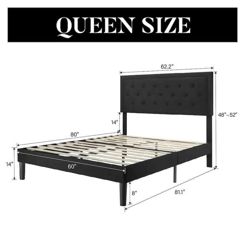 Modern Linen Upholstered Platform Bed with Tufted Button Headboard and Wood Slat Support