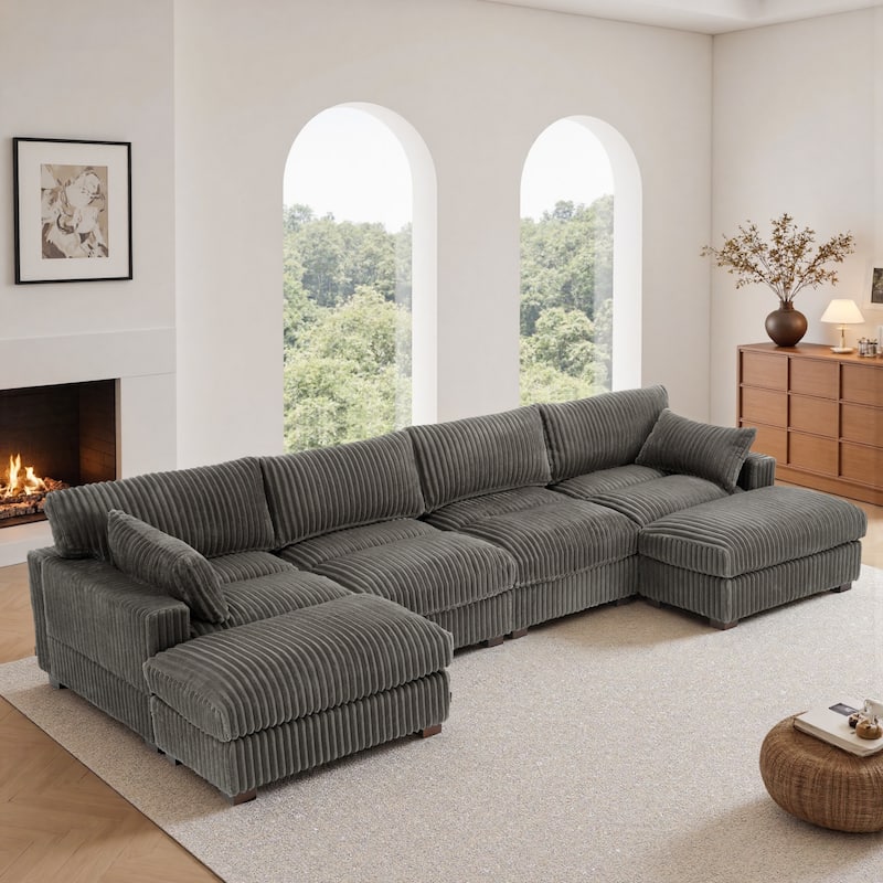 Modern Oversized Plush Corduroy Modular Sectional Sofa with 2 Ottomans