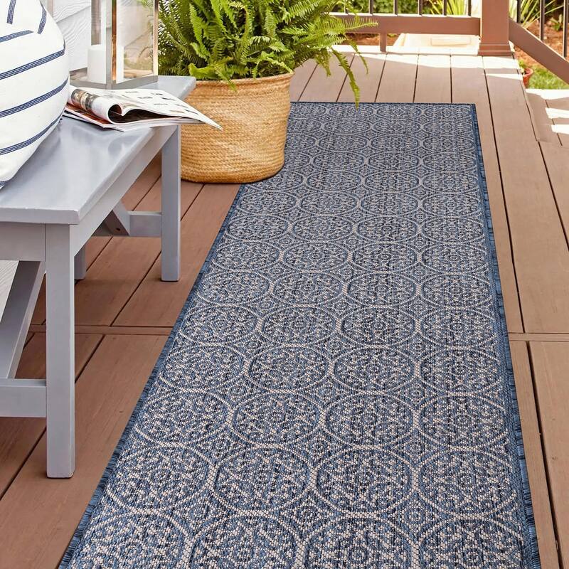 World Rug Gallery Transitional Floral Circles Textured Flat Weave Indoor/Outdoor Area Rug - 2'x7' Runner - Blue
