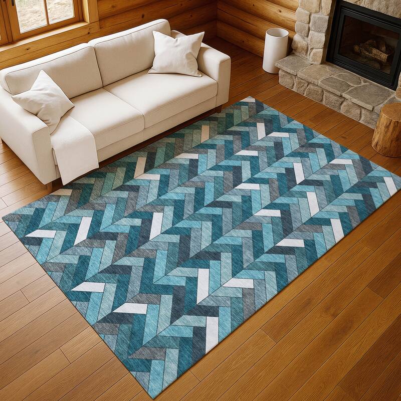 Machine Washable Indoor/ Outdoor Modern Chevron Chantille Rug