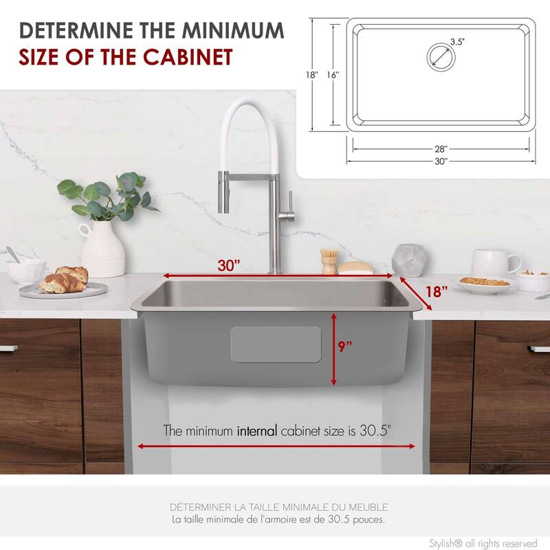 Stylish Dual Mount 30" Stainless Steel Single-Bowl Kitchen Sink S-411 - 30" x 18" x 9"