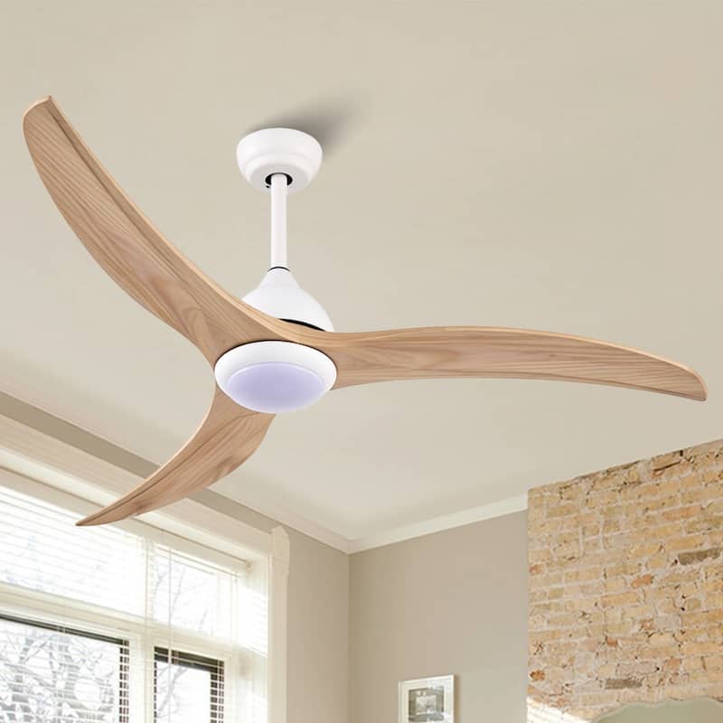 52 inches Indoor Solid Wood 6-Speed Ceiling Fan with Lights, Slient 3-Color Futuristic Ceiling Fan with Remote - 52 Inches - White with Wood