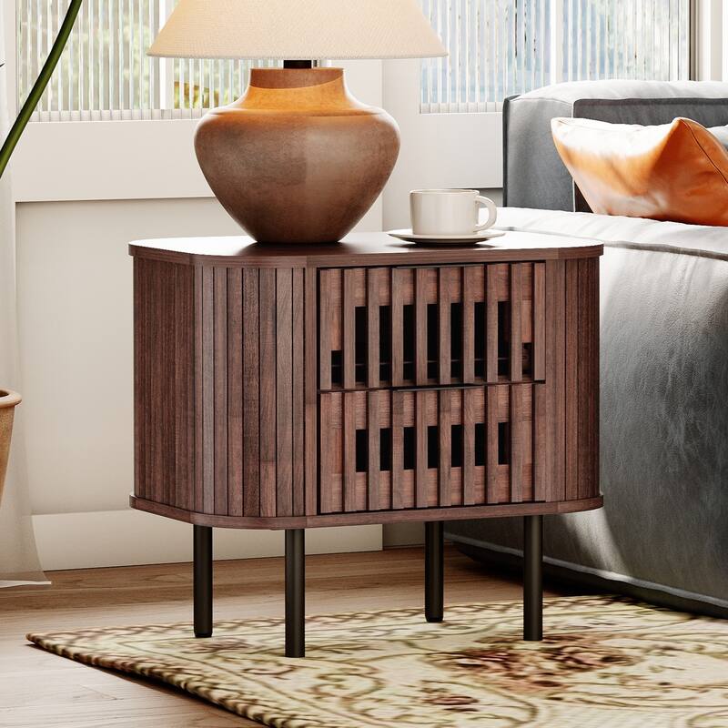 WAMPAT Fluted Nightstand with 2 Drawers,Wood End Table for Bedroom, Living Room - 2-drawer - Walnut