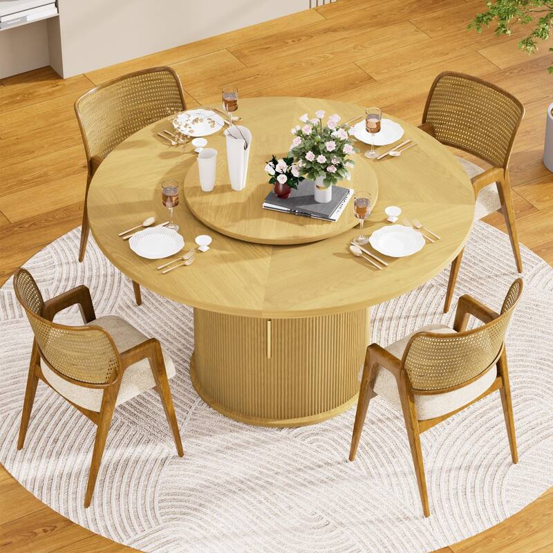 55-inch round dining table for 6, featuring a double-tiered storage rack and a rotating tabletop tray
