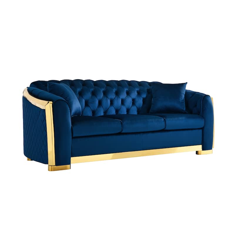 Velvet Chesterfield Sofa Set - 3-Seat Tufted Couch with Gold Stainless for Living Room