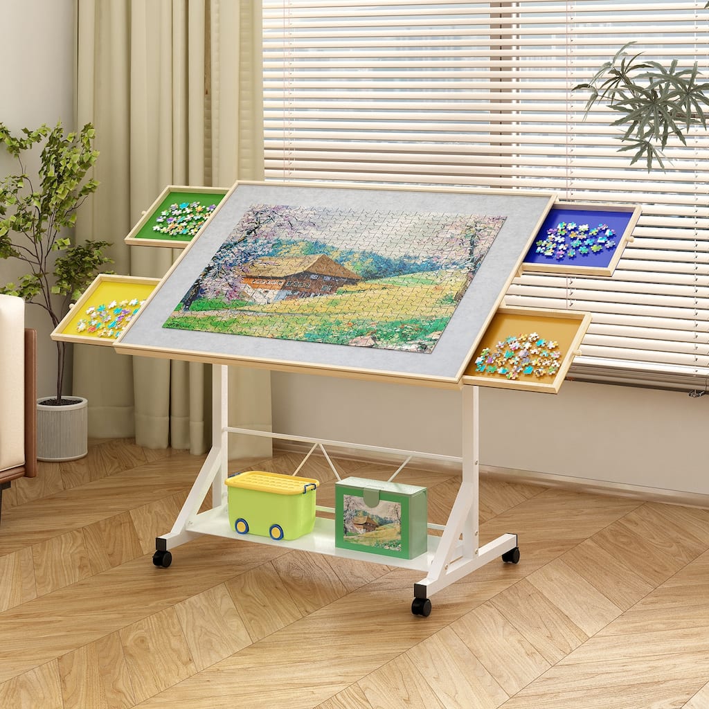 Wooden 1500 Piece Puzzle Table with Drawer, 360°Tilting Puzzle Table with Legs and Wheels, Adjustable Height and Angle