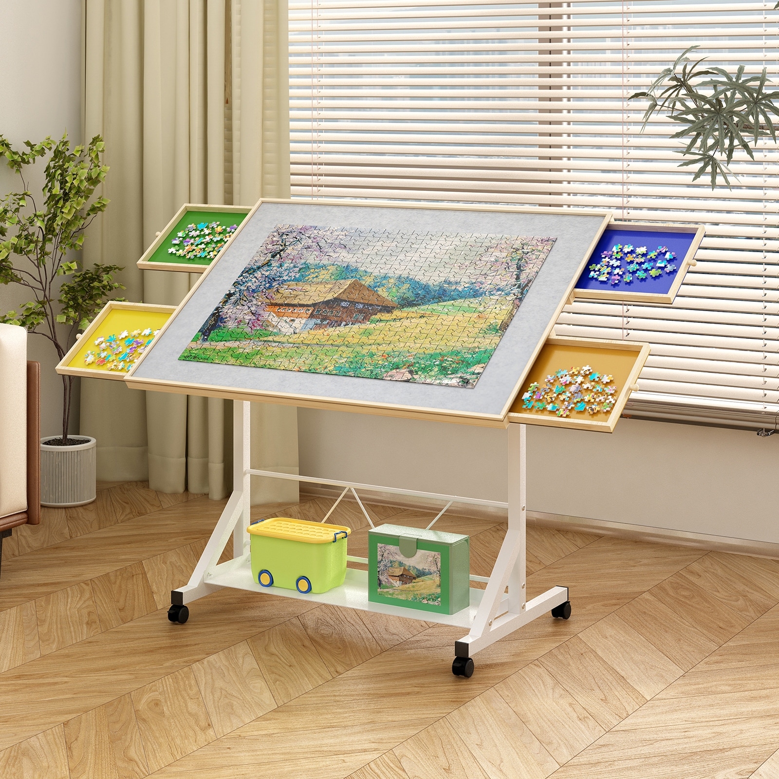 Wooden 1500 Piece Puzzle Table with Drawer, 360°Tilting Puzzle Table with Legs and Wheels, Adjustable Height and Angle