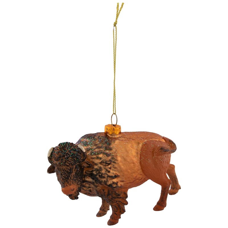 Glittered Buffalo Christmas Glass Ornament - 4.25" - Copper-Finish