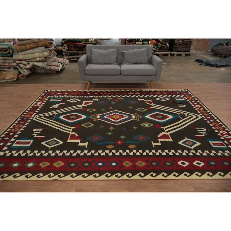 Hand Woven Oriental 100% Wool Carpet Southwestern Tribal Black Kilim Area Rug - 9' 9'' X 8' 5''