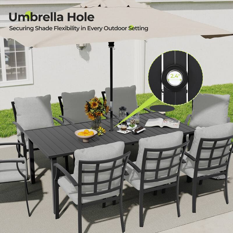 IvyGlow 9-Piece Black Metal Patio Dining Set with Rectangular Table, 2 Swivel Dining Chairs and Gray Cushions