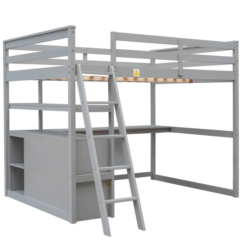 Full Size Loft Bed with Built-in Desk, Shelves & Drawers in Gray