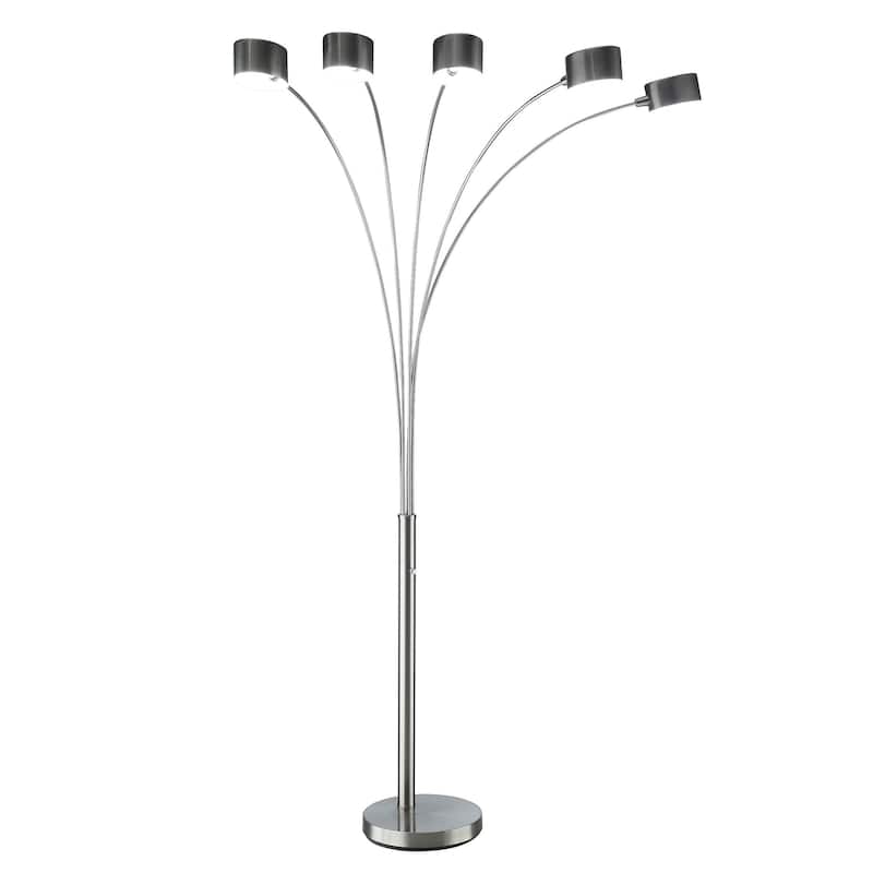 5 Arm Arched Floor Lamp, 84 Inch Chrome Metal Sleek Stem, Round Base