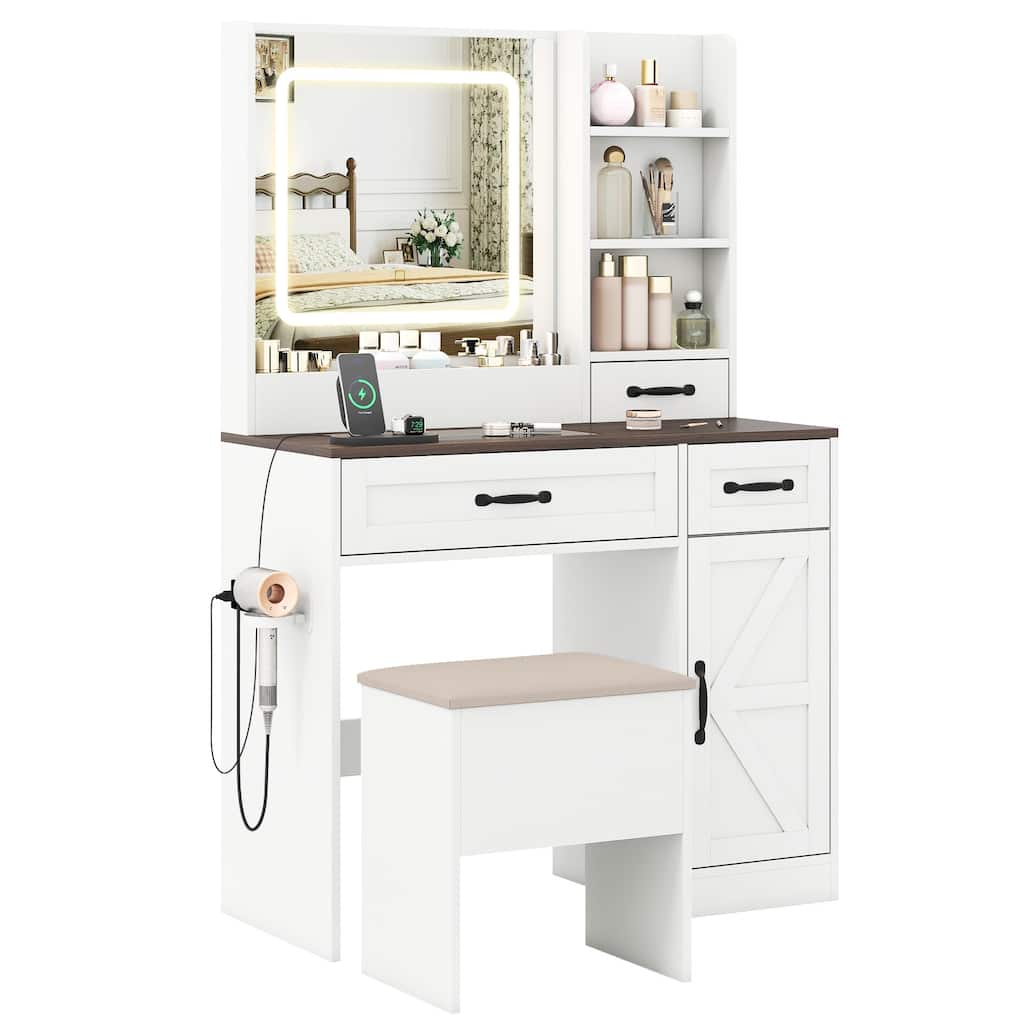 Vanity Desk and Stool Set with Lighted Mirror Built in Charging Station and Storage Drawers White Walnut - 35.5" x 16" x 55"