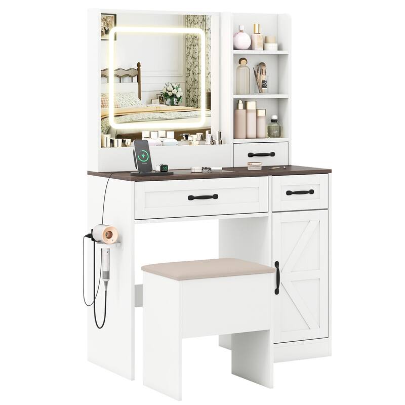 Vanity Desk and Stool Set with Lighted Mirror Built in Charging Station and Storage Drawers White Walnut - 35.5" x 16" x 55"