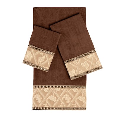 Sherry Kline Prescott Brown 3-piece Decorative Towel Set, Jacquard Fabric Band, double row of gimp braid 1 Bath Hand & Tip Towel