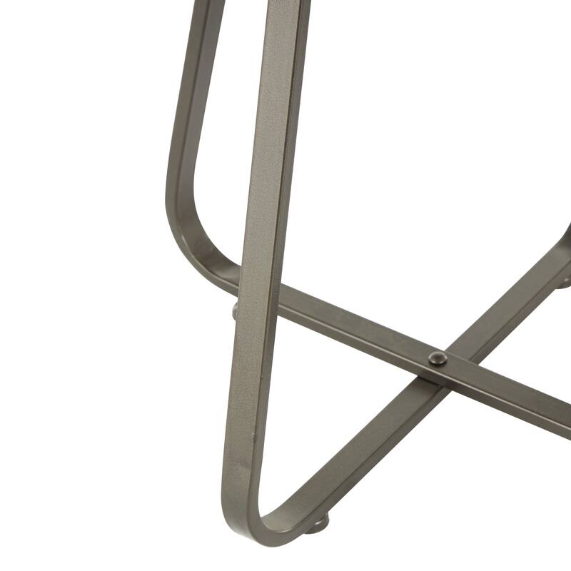 Brown Wood Beaded Side End Accent Table with Rounded Gray Metal Base and Rattan Accent