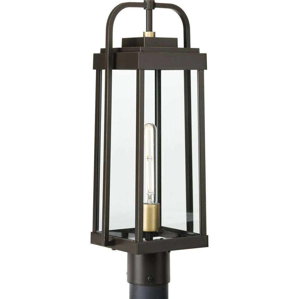 Walcott Collection One-Light Antique Bronze with Brasstone Accents Clear Glass Transitional Outdoor Post Light