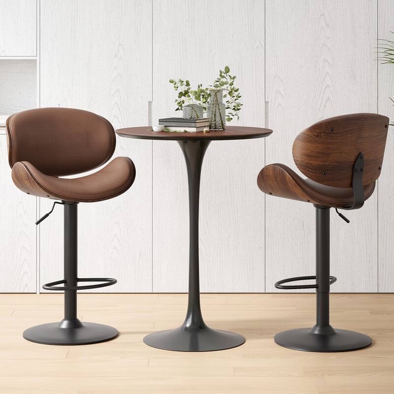Swivel Bar Stools Set of 2, Adjustable Height Bentwood Barstools with PU Leather Upholstered Seat, Backrest and Footrest