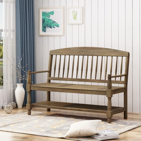 Lennon Acacia Wood Bench with Shelf, Hand-Carved Spindle Backrest