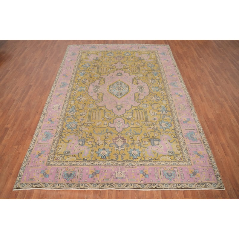 Hand Knotted Oriental 100% Wool Carpet Traditional Floral Yellow & Gold Tabriz Area Rug - 11' 2'' X 8' 0''