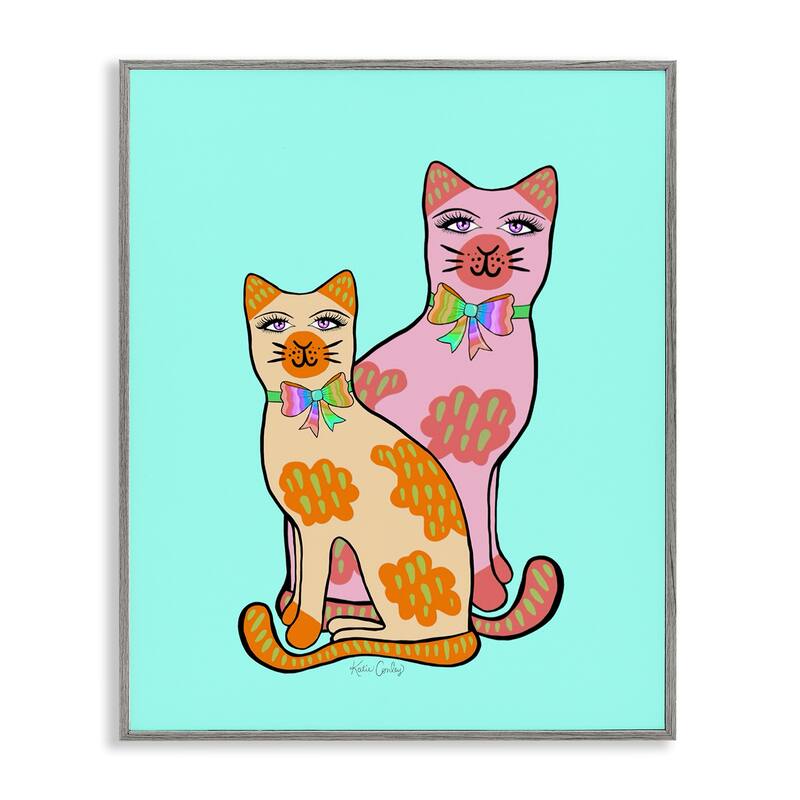 Stupell Funky Cats on Turquoise Framed Giclee Art Design By Katie Conley - 16 x 20 - Grey