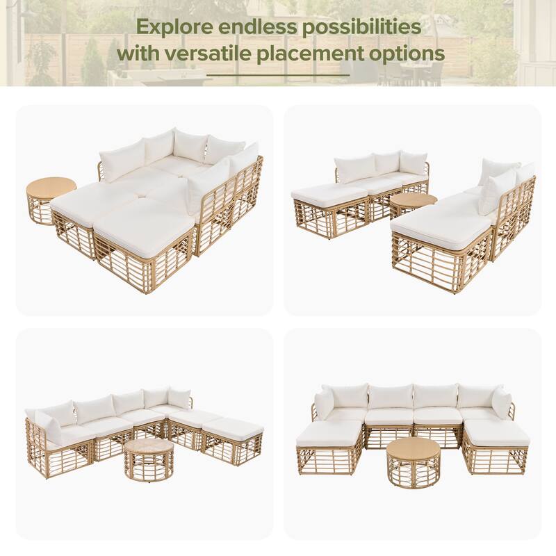 7 Pieces Outdoor Patio Furniture, with Thick Cushions & Pillows, All-Weather Rattan Sectional Sofa Set wRound Coffee Table