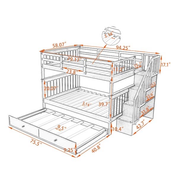 Stairway Full-Over-Full Bunk Bed with Twin size Trundle, Storage and Guard Rail for Bedroom, Dorm - Gray