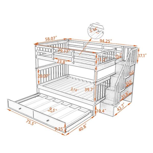 Stairway Full-over-Full Bunk Bed with Twin size Trundle and Guard Rail, Espresso
