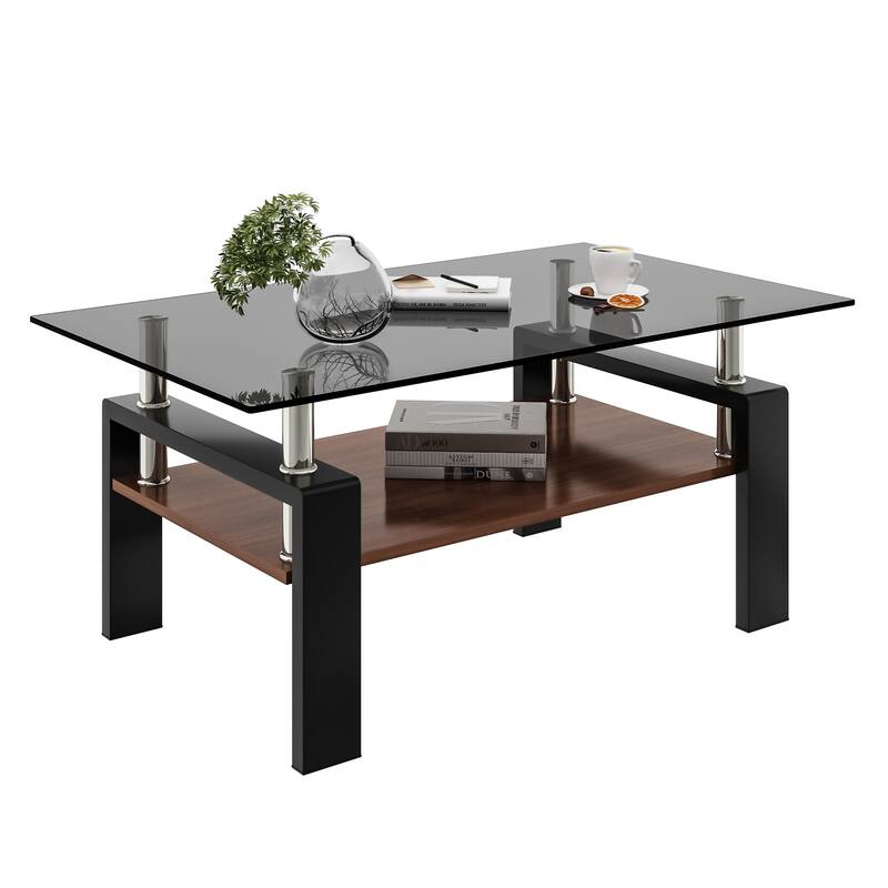 Rectangle Coffee Table, Tempered Glass Tabletop with MDF Layer, Modern Table for Living Room , Gray Glass