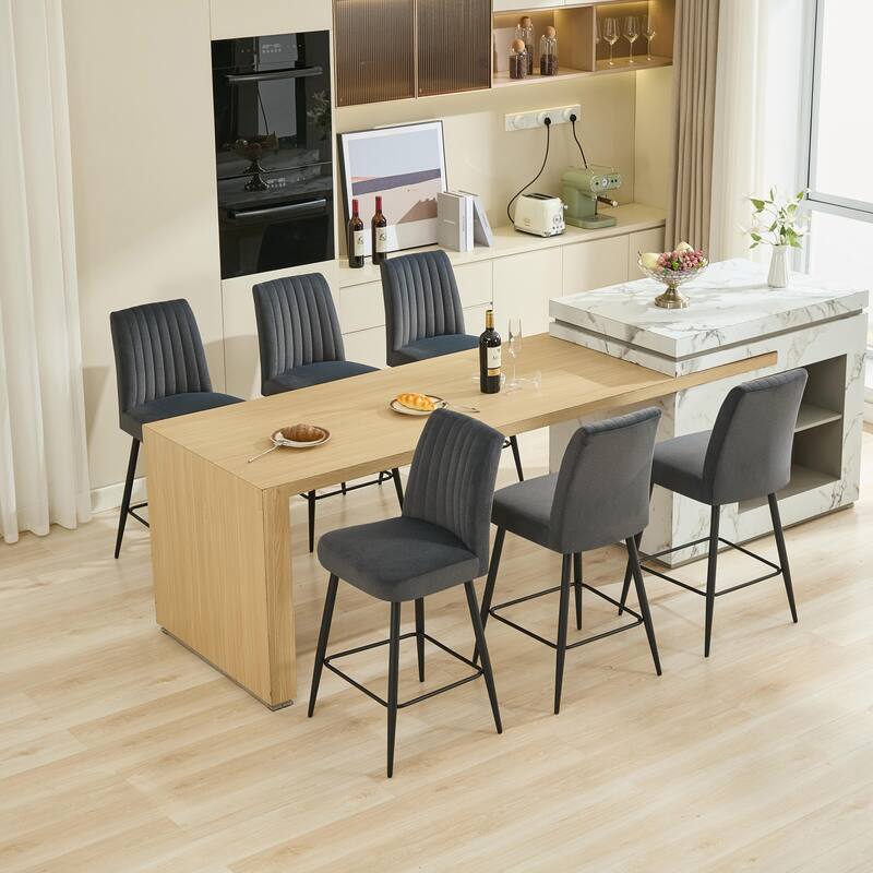 Velvet Upholstered Bar Stools Set of 2, Kitchen Bar Stools with Adjustable Iron Feet, Armless Dining Chairs with Footrest