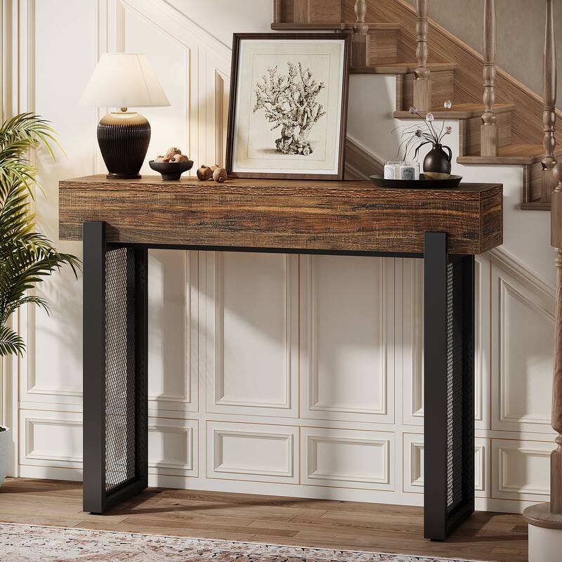 Industrial Small Console Table with Mesh Metal Legs for Entryway
