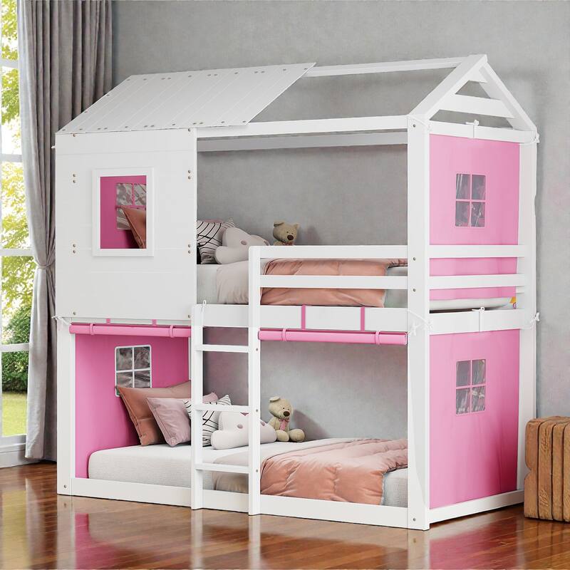 Twin/Full Wood House Bunk Bed with Tent, Playhouse Design, Windows & Roof, Solid Wood Frame, No Box Spring Required