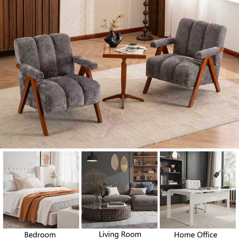 Mid Century Modern Accent Chair, Chenille Armchair with Solid Wood Legs, Channel Tufted Comfy Reading Chair for Living Room