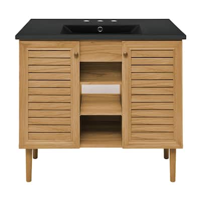 Bron 36 In. Brown Oak Bathroom Vanity With Black, 3-Hole Ceramic Sink Top